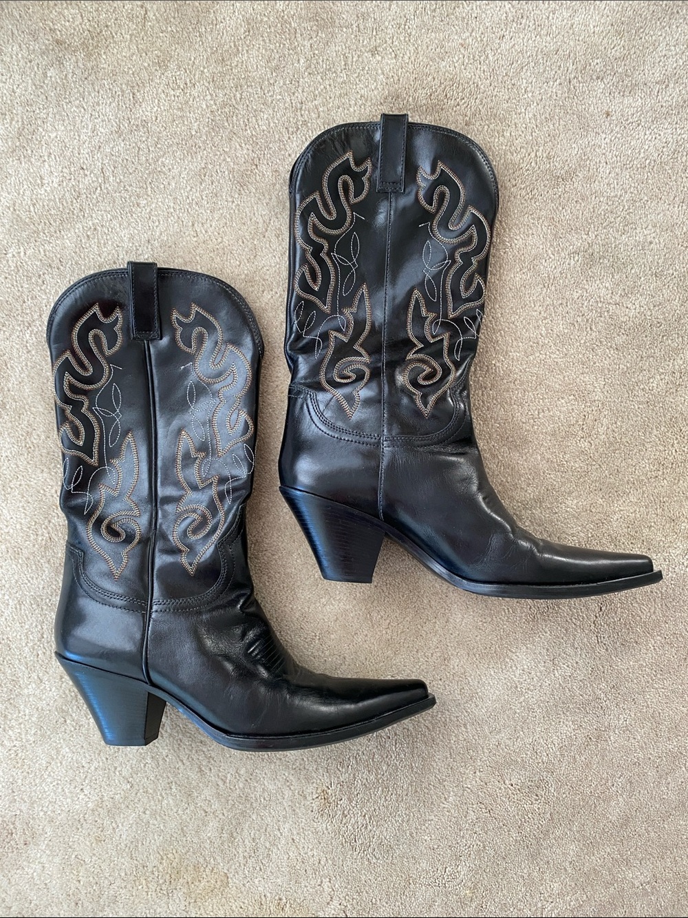 Black Western Leather Cowboy Boots with Embroidered Shaft